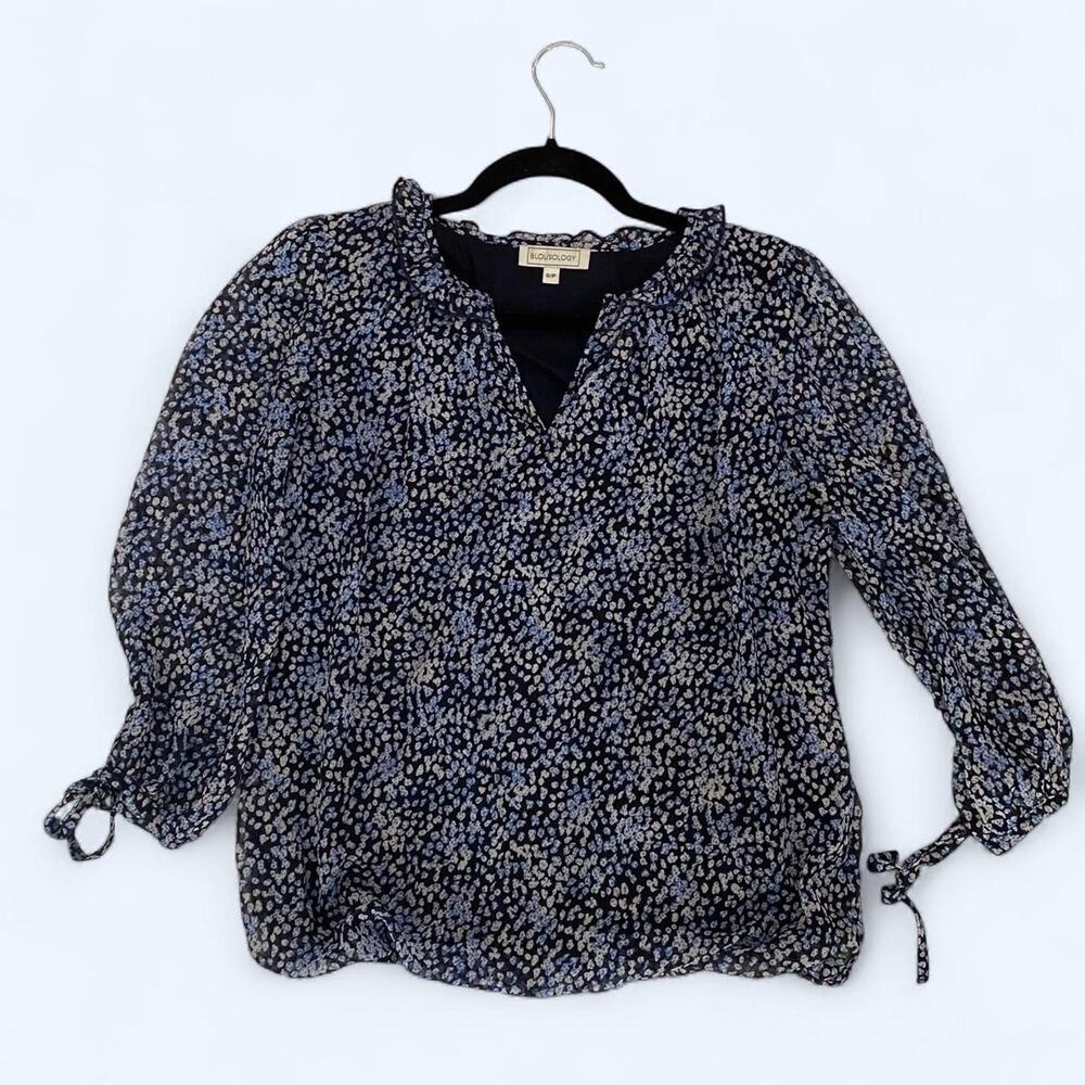 Blousology Blue floral ruffle tie neck blouse